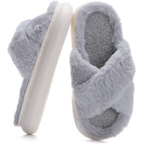 MEJORMEN Women Fluffy House Slippers,Furry Cross Band Open Toe House Shoes,Ultra Cozy Memory Foam Slippers,Non-slip Thick Sole Indoor Outdoor Slippers