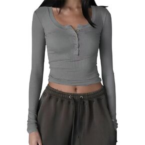 قمصان Syellowafter النسائية Henley ذات رقبة واسعة وأكمام طويلة وأزرار سفلية مضلعة ذات طبقة ضيقة