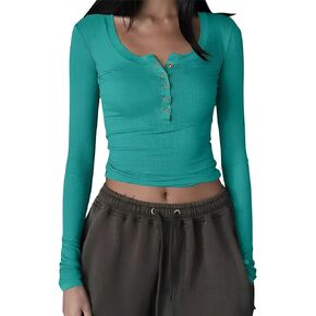 قمصان Syellowafter النسائية Henley ذات رقبة واسعة وأكمام طويلة وأزرار سفلية مضلعة ذات طبقة ضيقة