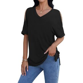 DouBCQ Womens Plus Size Blouse Deep V Neck Tshirt Loose Cold Shoulder Basic Tunic Tops