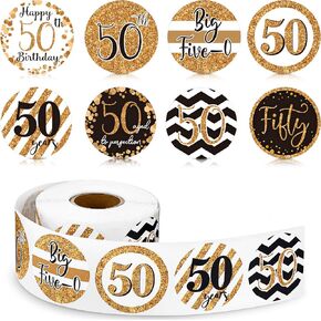 600 Pieces 50th Birthday Roll Stickers, Black Gold Round Shape Candy Present Labels for 50th Birthday Party Favor Anniversary Party Supplies, 1.5 x 1.5 Inch