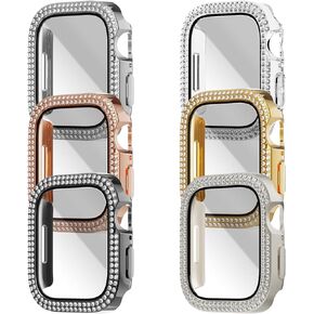 Double Diamonds Bling Screen Protector Case Compatible for Apple Watch Series 9/8/7 45mm, Shiny Crystal Rhinestone Bumper Cover for Women Girls, 6 Colors