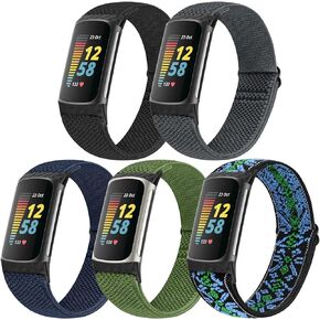 Runostrich Adjustable Elastic Watch Bands Compatible with Fitbit Charge 5 for Women Men, 5 Pack Stretchy Sport Loop Band Soft Nylon Wristband Accessories for Charge 5 Fitness & Health Tracker