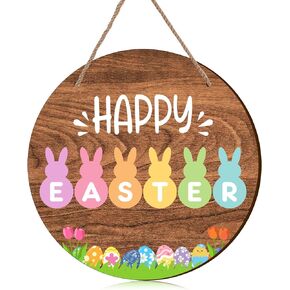 Easter Decoration for Home Indoor Outdoor, Happy Easter Sign Front Door Decor Green Bunny Door Hanger Rustic Easter Wood Wreath Sign Porch Wall Decoration