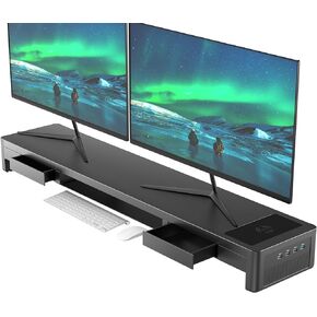 Dual Monitor Stand Riser with Drawers and Audio,4 USB Ports and Charging Pad, Metal Monitor Stand with Storage for 2 Monitors, Desk Monitor Stand for Office, Laptop, PC, iMac up to 32 Inches