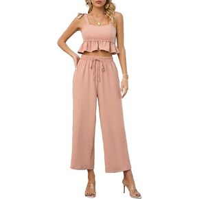 Women's 2 Piece Tracksuit Sleeveless Square Neck Linen Tank Crop Top Wide Leg Pants Matching Sets Summer Outfits