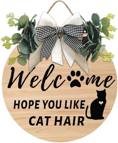 Cat Welcome Sign We Hope You Like Cat Hair Front Door Garland Rustic Kitten Round Wood Door Hanger With Green Grass Ring Bow for Cat Lovers Farmhouse Housewarming Gift Home Wall Art Decor 12x12 Inch in Kuwait