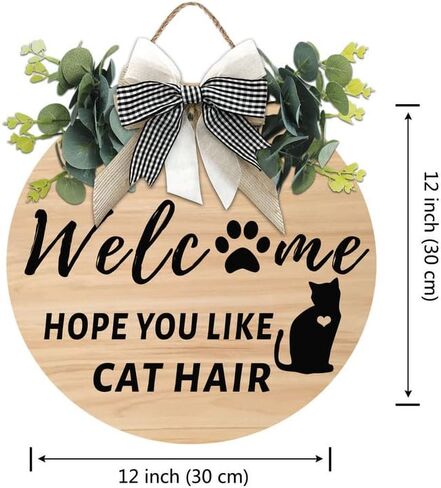 Cat Welcome Sign We Hope You Like Cat Hair Front Door Garland Rustic Kitten Round Wood Door Hanger With Green Grass Ring Bow for Cat Lovers Farmhouse Housewarming Gift Home Wall Art Decor 12x12 Inch in Kuwait