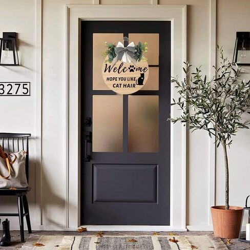 Cat Welcome Sign We Hope You Like Cat Hair Front Door Garland Rustic Kitten Round Wood Door Hanger With Green Grass Ring Bow for Cat Lovers Farmhouse Housewarming Gift Home Wall Art Decor 12x12 Inch in Kuwait