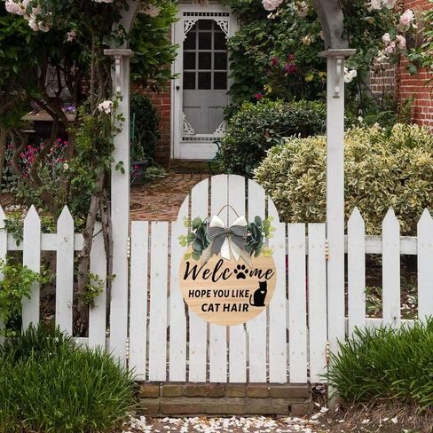 Cat Welcome Sign We Hope You Like Cat Hair Front Door Garland Rustic Kitten Round Wood Door Hanger With Green Grass Ring Bow for Cat Lovers Farmhouse Housewarming Gift Home Wall Art Decor 12x12 Inch in Kuwait