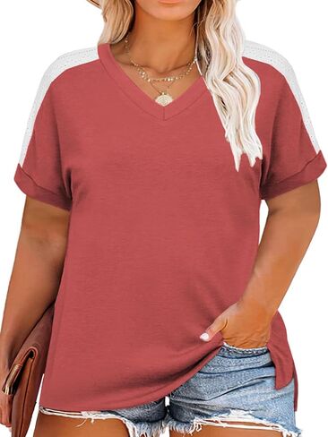 ROSRISS Plus-Size Tops for Women Summer Short Sleeve V Neck Shirts Side Split Tunics XL-5XL in Saudi Arabia