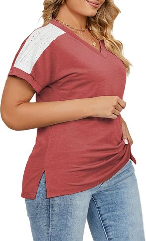 ROSRISS Plus-Size Tops for Women Summer Short Sleeve V Neck Shirts Side Split Tunics XL-5XL in Saudi Arabia