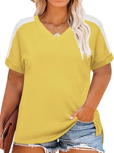 ROSRISS Plus-Size Tops for Women Summer Short Sleeve V Neck Shirts Side Split Tunics XL-5XL in Saudi Arabia
