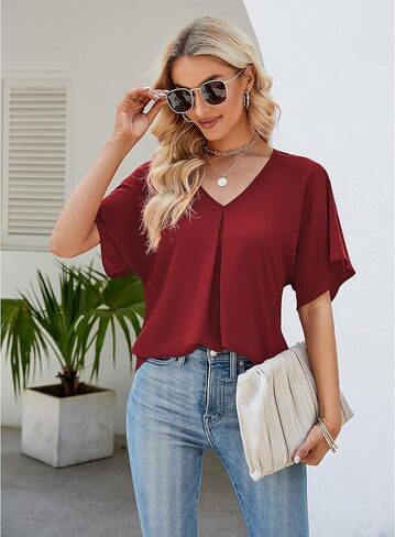 Beluring Womens Summer Blouse Casual Short Sleeve Shirt V Neck Tunic Tops in Kuwait