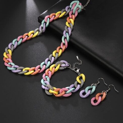 COLORFUL BLING Acrylic chunky Cuban Statement Necklace paper Clip Bracelet Earring Set Hip Hop Punk Choker paper clip Statement jewelry set in Saudi Arabia