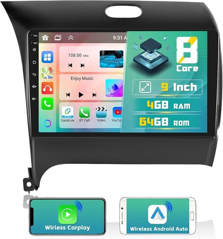 4G + 64G Android 13 ستيريو للسيارة 2013-2018 KIA Cerato K3 Forte Radio، 9 بوصة IPS شاشة تعمل باللمس مع Apple Carplay Android Auto، Bluetooth GPS WiFi 32EQ DSP FM RDS SWC+Mic، كاميرا احتياطية AHD in Kuwait