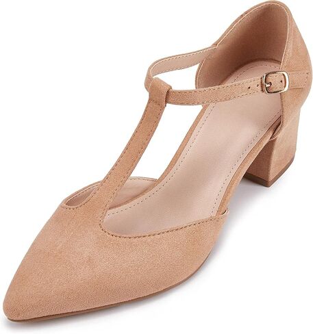 Huiyuzhi Women's T-Strap Pointed Toe Ankle Buckle Chunky Block Heel Pumps in Kuwait