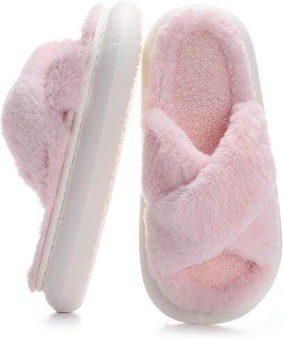 MEJORMEN Women Fluffy House Slippers,Furry Cross Band Open Toe House Shoes,Ultra Cozy Memory Foam Slippers,Non-slip Thick Sole Indoor Outdoor Slippers in Saudi Arabia