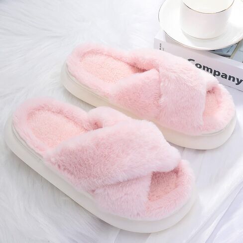 MEJORMEN Women Fluffy House Slippers,Furry Cross Band Open Toe House Shoes,Ultra Cozy Memory Foam Slippers,Non-slip Thick Sole Indoor Outdoor Slippers in Saudi Arabia