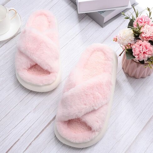 MEJORMEN Women Fluffy House Slippers,Furry Cross Band Open Toe House Shoes,Ultra Cozy Memory Foam Slippers,Non-slip Thick Sole Indoor Outdoor Slippers in Saudi Arabia