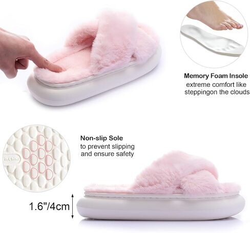 MEJORMEN Women Fluffy House Slippers,Furry Cross Band Open Toe House Shoes,Ultra Cozy Memory Foam Slippers,Non-slip Thick Sole Indoor Outdoor Slippers in Saudi Arabia