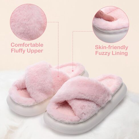 MEJORMEN Women Fluffy House Slippers,Furry Cross Band Open Toe House Shoes,Ultra Cozy Memory Foam Slippers,Non-slip Thick Sole Indoor Outdoor Slippers in Saudi Arabia