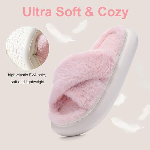MEJORMEN Women Fluffy House Slippers,Furry Cross Band Open Toe House Shoes,Ultra Cozy Memory Foam Slippers,Non-slip Thick Sole Indoor Outdoor Slippers in Saudi Arabia