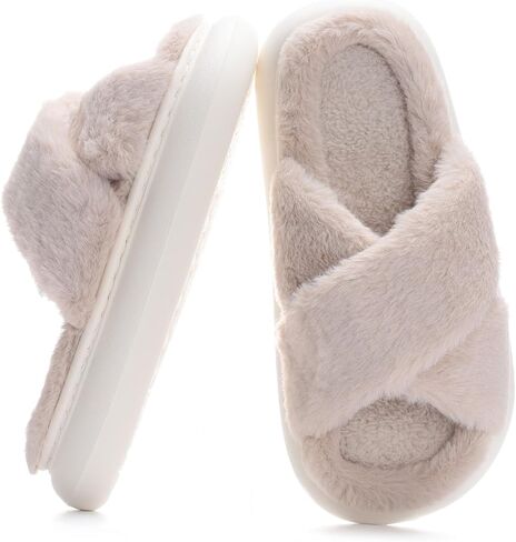 MEJORMEN Women Fluffy House Slippers,Furry Cross Band Open Toe House Shoes,Ultra Cozy Memory Foam Slippers,Non-slip Thick Sole Indoor Outdoor Slippers in Saudi Arabia