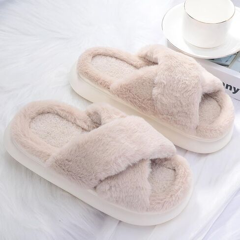 MEJORMEN Women Fluffy House Slippers,Furry Cross Band Open Toe House Shoes,Ultra Cozy Memory Foam Slippers,Non-slip Thick Sole Indoor Outdoor Slippers in Saudi Arabia