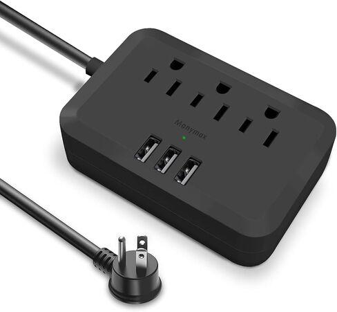 شريط طاقة مع USB، سلك تمديد مسطح قابل للتركيب من Manymax مع 3 منافذ تيار متردد، 3 شاحن USB، سلك تمديد بطول 5 أقدام، للمنزل، المكتب، الفندق، السفر، المدرسة، غرفة النوم - أسود (عبوة واحدة) in Kuwait