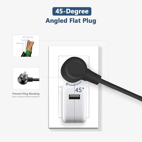 شريط طاقة مع USB، سلك تمديد مسطح قابل للتركيب من Manymax مع 3 منافذ تيار متردد، 3 شاحن USB، سلك تمديد بطول 5 أقدام، للمنزل، المكتب، الفندق، السفر، المدرسة، غرفة النوم - أسود (عبوة واحدة) in Kuwait