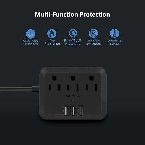 شريط طاقة مع USB، سلك تمديد مسطح قابل للتركيب من Manymax مع 3 منافذ تيار متردد، 3 شاحن USB، سلك تمديد بطول 5 أقدام، للمنزل، المكتب، الفندق، السفر، المدرسة، غرفة النوم - أسود (عبوة واحدة) in Kuwait