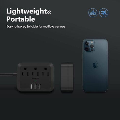شريط طاقة مع USB، سلك تمديد مسطح قابل للتركيب من Manymax مع 3 منافذ تيار متردد، 3 شاحن USB، سلك تمديد بطول 5 أقدام، للمنزل، المكتب، الفندق، السفر، المدرسة، غرفة النوم - أسود (عبوة واحدة) in Kuwait