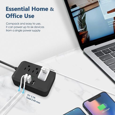 شريط طاقة مع USB، سلك تمديد مسطح قابل للتركيب من Manymax مع 3 منافذ تيار متردد، 3 شاحن USB، سلك تمديد بطول 5 أقدام، للمنزل، المكتب، الفندق، السفر، المدرسة، غرفة النوم - أسود (عبوة واحدة) in Kuwait