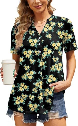 AYIFU Womens Summer Tops Notch V Neck Blouses Short Sleeve Dressy Shirts Casual Tunic in Kuwait