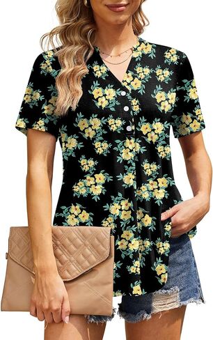 AYIFU Womens Summer Tops Notch V Neck Blouses Short Sleeve Dressy Shirts Casual Tunic in Kuwait