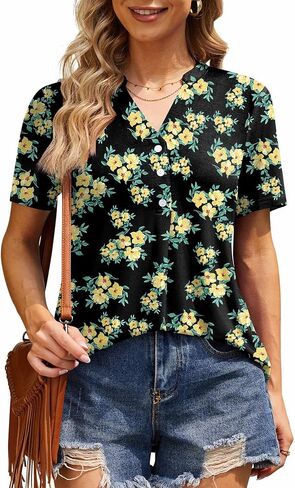 AYIFU Womens Summer Tops Notch V Neck Blouses Short Sleeve Dressy Shirts Casual Tunic in Kuwait