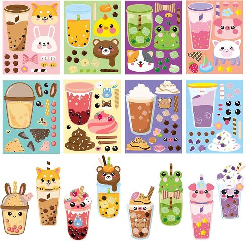 ANGOLIO 40Pcs Make A Face Boba Tea Stickers Make Your Own Milk Tea Stickers Mix and Match Sweets and Boba Tea Party Favor Supplies for Kids Ice Cream Sticker Games Birthday DIY Art Crafts in Saudi Arabia