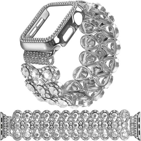 VIQIV Bling Dressy Bracelet with Case Compatible with Apple Watch Bands 38mm 40mm 41mm 42mm 44mm 45mm 49mm for Women Strethy, Stretch Smart Watch Bands for Women, Cute Jewelry Metal Wristband Strap for iWatch Ultra 2/Ultra Series 9/8/7/6/5/4/3/2/1/SE in Kuwait