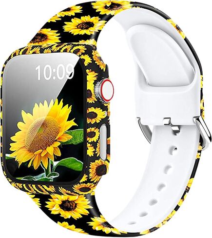 Floral Printed Pattern Silicone Band with Case Cover Set Screen Protector Compatible for Apple Watch 45mm 44mm 42mm 41mm 40mm 38mm, Soft Sport Strap for iWatch Series 8 7 SE 6 5 4 3 2 1 Women in Saudi Arabia