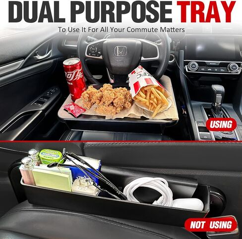 صينية مكتب عجلة قيادة السيارة مع منظم حشو فجوات مقعد السيارة، صينية طاولة طعام 2 في 1 لتناول الطعام والكمبيوتر المحمول مع حامل أكواب، منظم تخزين جانبي للسيارة لحمل الهاتف والنظارات الشمسية in Kuwait