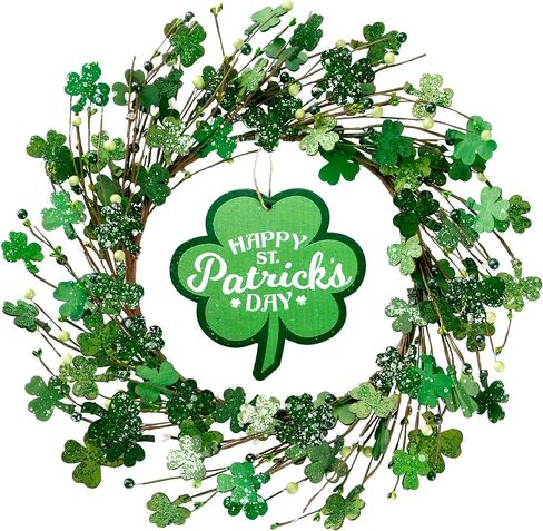 Sggvecsy 19’’ St. Patrick's Day Shamrocks Wreath for Front Door with Lights Wooden Sign Green Berries Artificial Handmade Wood Clover Wreath for Irish St. Patrick's Day Decoration Wall Home Decor in Saudi Arabia