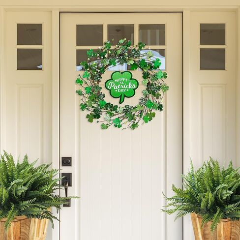 Sggvecsy 19’’ St. Patrick's Day Shamrocks Wreath for Front Door with Lights Wooden Sign Green Berries Artificial Handmade Wood Clover Wreath for Irish St. Patrick's Day Decoration Wall Home Decor in Saudi Arabia