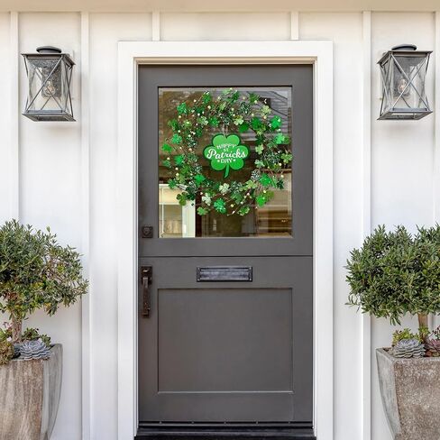 Sggvecsy 19’’ St. Patrick's Day Shamrocks Wreath for Front Door with Lights Wooden Sign Green Berries Artificial Handmade Wood Clover Wreath for Irish St. Patrick's Day Decoration Wall Home Decor in Saudi Arabia