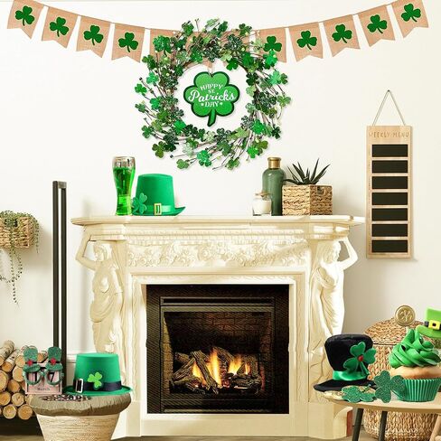 Sggvecsy 19’’ St. Patrick's Day Shamrocks Wreath for Front Door with Lights Wooden Sign Green Berries Artificial Handmade Wood Clover Wreath for Irish St. Patrick's Day Decoration Wall Home Decor in Saudi Arabia