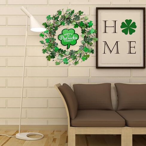 Sggvecsy 19’’ St. Patrick's Day Shamrocks Wreath for Front Door with Lights Wooden Sign Green Berries Artificial Handmade Wood Clover Wreath for Irish St. Patrick's Day Decoration Wall Home Decor in Saudi Arabia