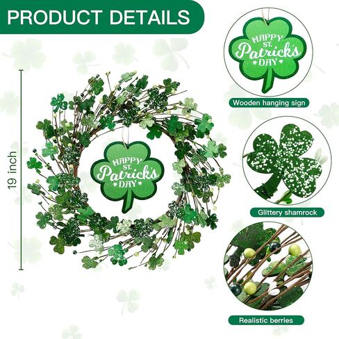 Sggvecsy 19’’ St. Patrick's Day Shamrocks Wreath for Front Door with Lights Wooden Sign Green Berries Artificial Handmade Wood Clover Wreath for Irish St. Patrick's Day Decoration Wall Home Decor in Saudi Arabia
