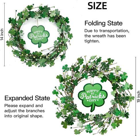 Sggvecsy 19’’ St. Patrick's Day Shamrocks Wreath for Front Door with Lights Wooden Sign Green Berries Artificial Handmade Wood Clover Wreath for Irish St. Patrick's Day Decoration Wall Home Decor in Saudi Arabia