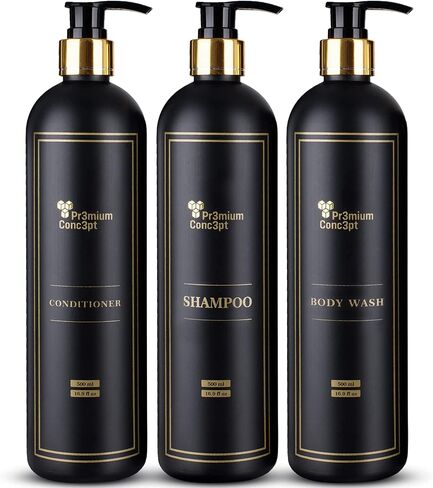 Plastic Pump Bottles for Shower Dispenser, Set of 3 Black 500mL Dispenser Bottles with Gift Box and Labels for Shampoo, Conditioner, Body Wash, Hand Soap, Detergent, and Dish Soap in Saudi Arabia