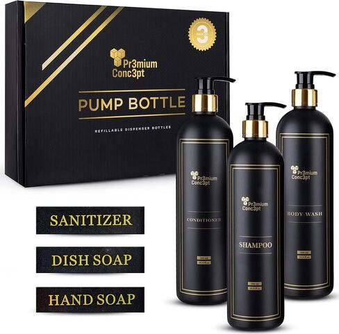 Plastic Pump Bottles for Shower Dispenser, Set of 3 Black 500mL Dispenser Bottles with Gift Box and Labels for Shampoo, Conditioner, Body Wash, Hand Soap, Detergent, and Dish Soap in Saudi Arabia
